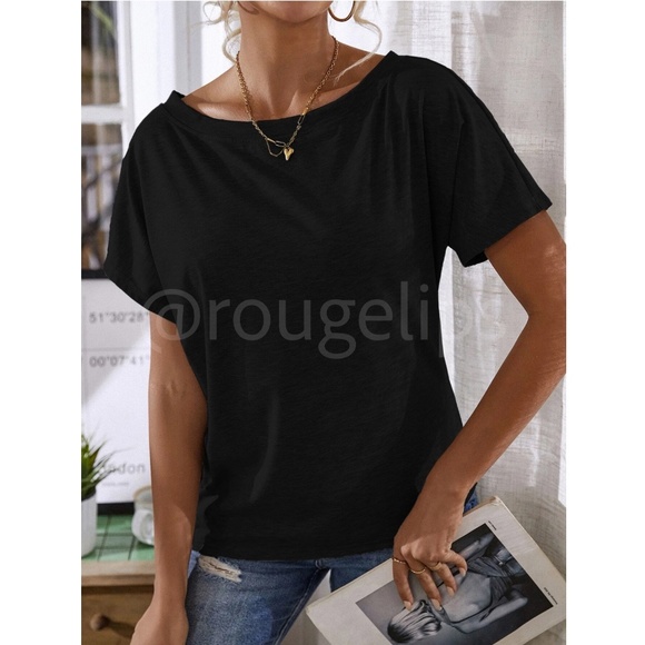 Boat Neck Batwing Sleeve Black Tee Shirt Short Sleeve - Picture 5 of 9